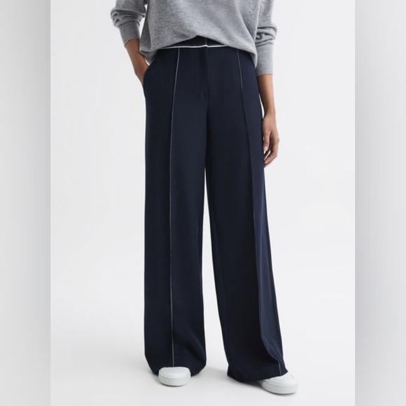 NWT REISS ORIEL CONTRAST STITCH WIDE LEG TROUSERS Color: Navy SIZE 6 - Picture 2 of 9